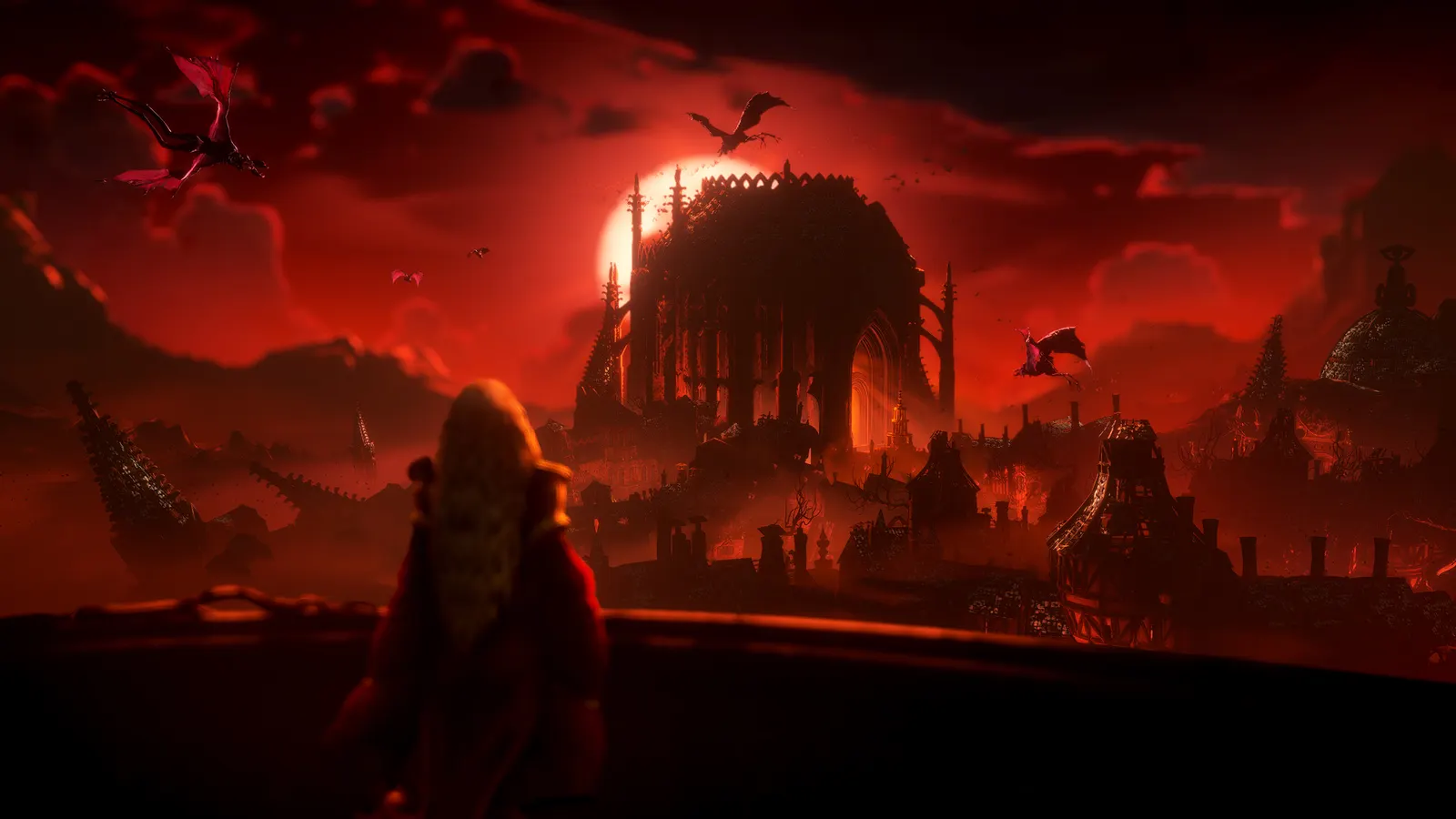Official No Rest for the Wicked 1.0 announcement frame showing a red-lit city and flying creatures