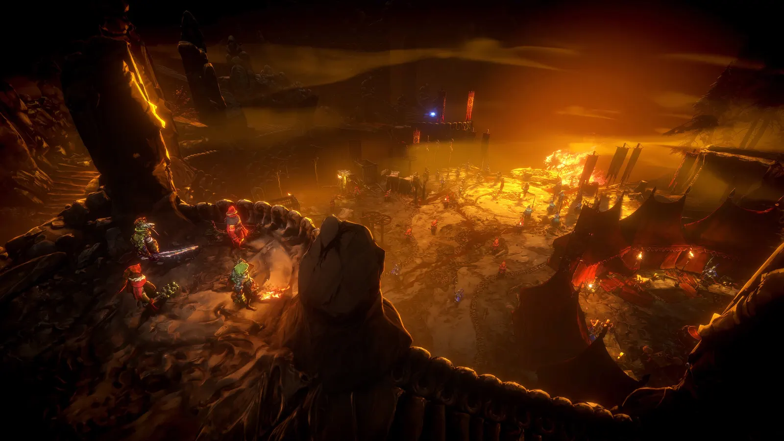 Official screenshot showing a character overlooking a fire-lit battlefield