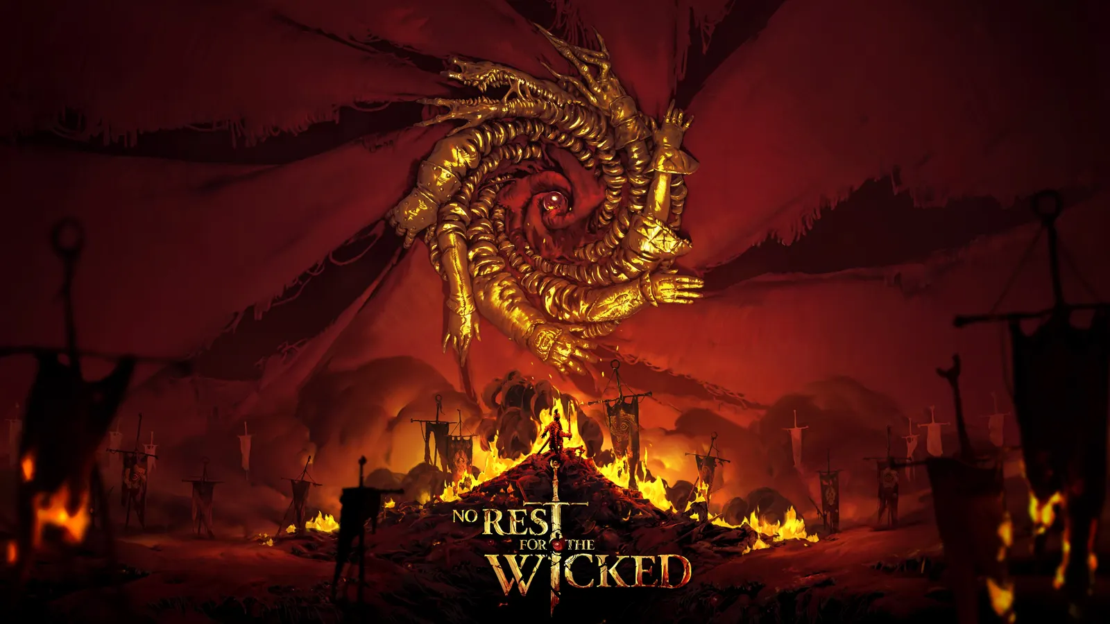 Official No Rest for the Wicked key art showing characters above a dark fantasy landscape