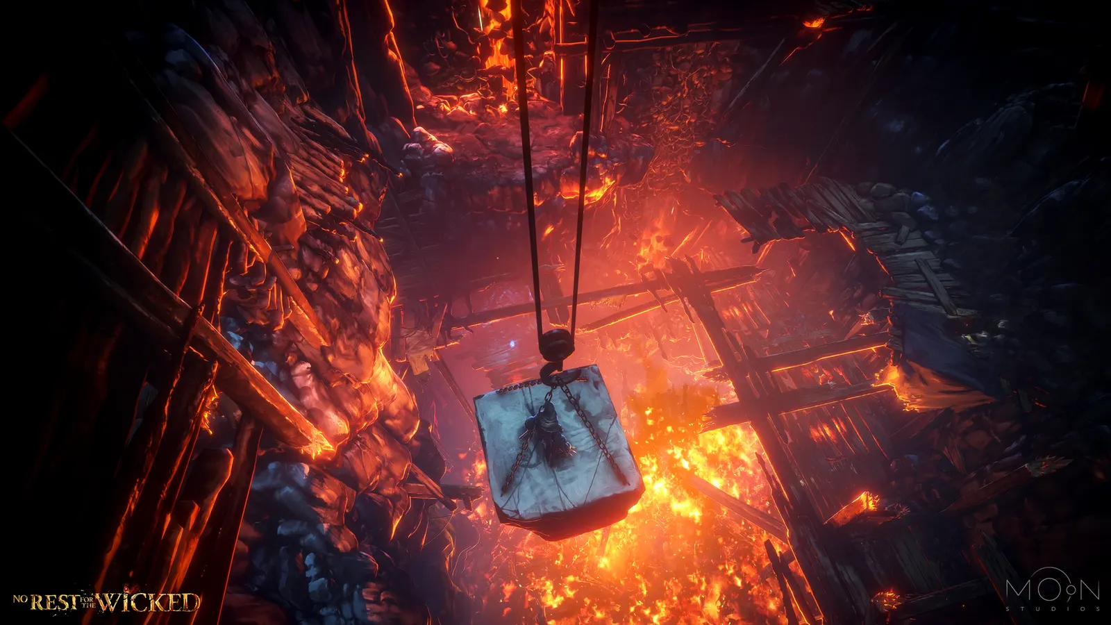 Official screenshot showing a suspended platform above fiery depths