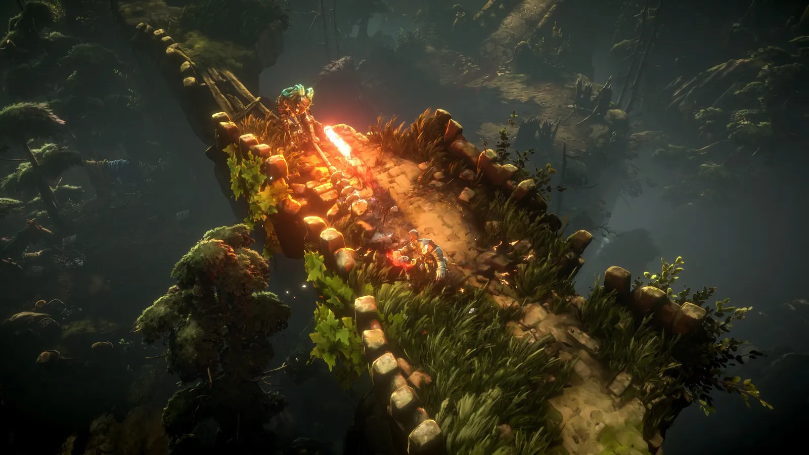 Official screenshot showing a character crossing a fallen log in a forest