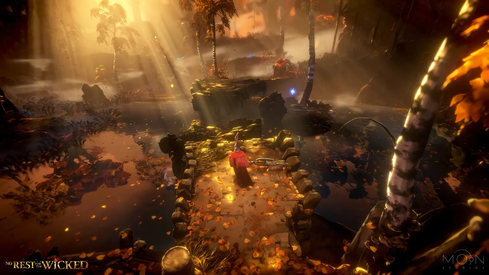 Official screenshot showing a character crossing autumn ruins