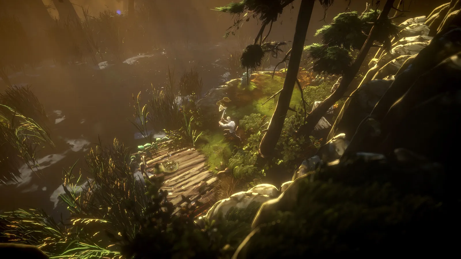 Official screenshot showing a traveler in a sunlit forest