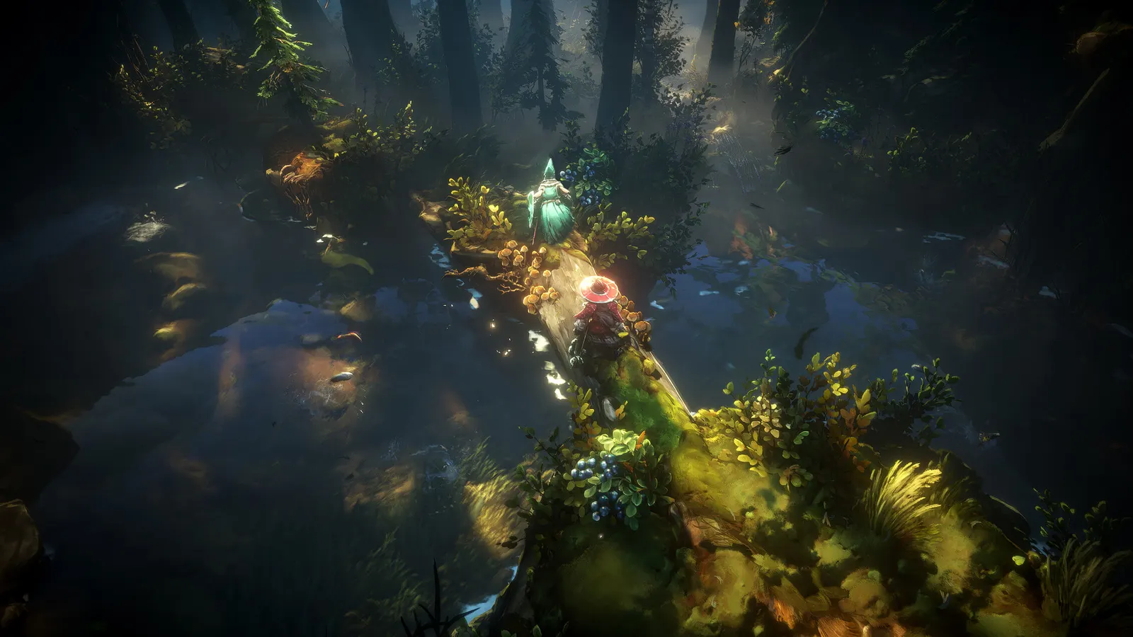 Official screenshot showing a character in a forest threaded with luminous vines