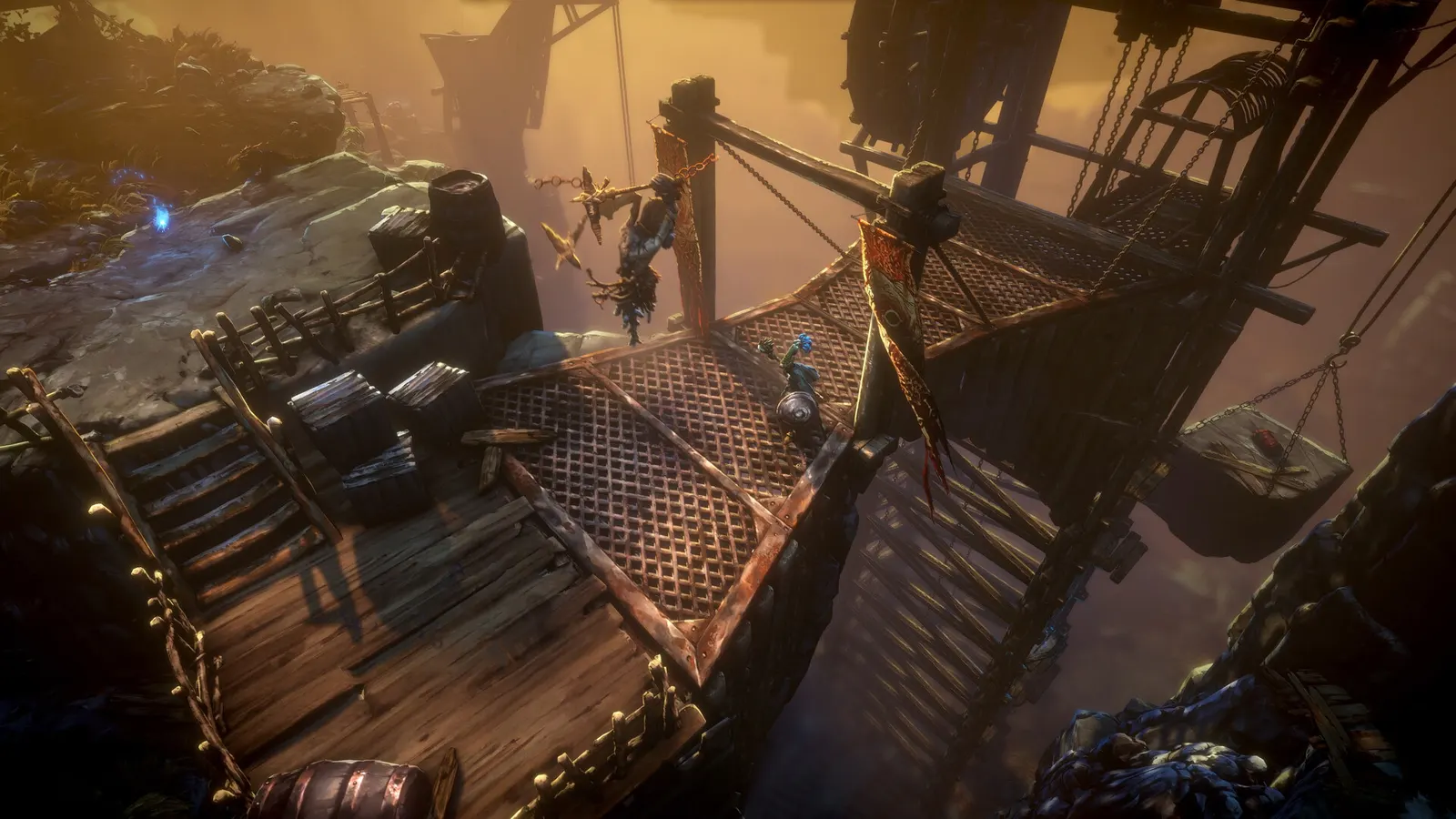 Official screenshot showing a character on a wooden platform above water