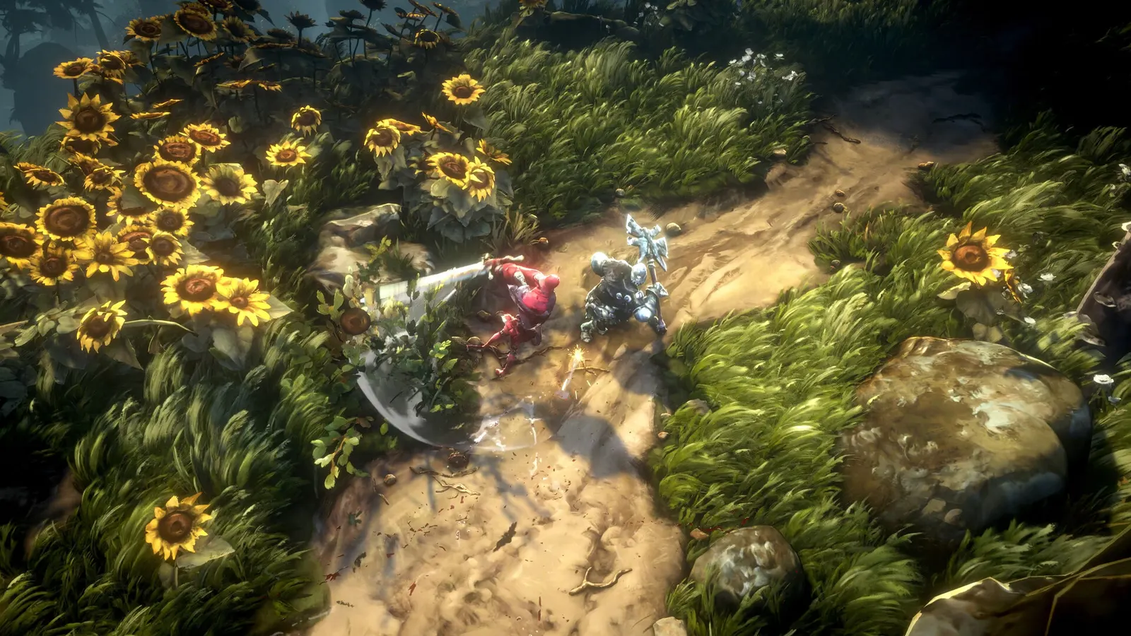 Official screenshot showing two characters beside a bright flower-lined path