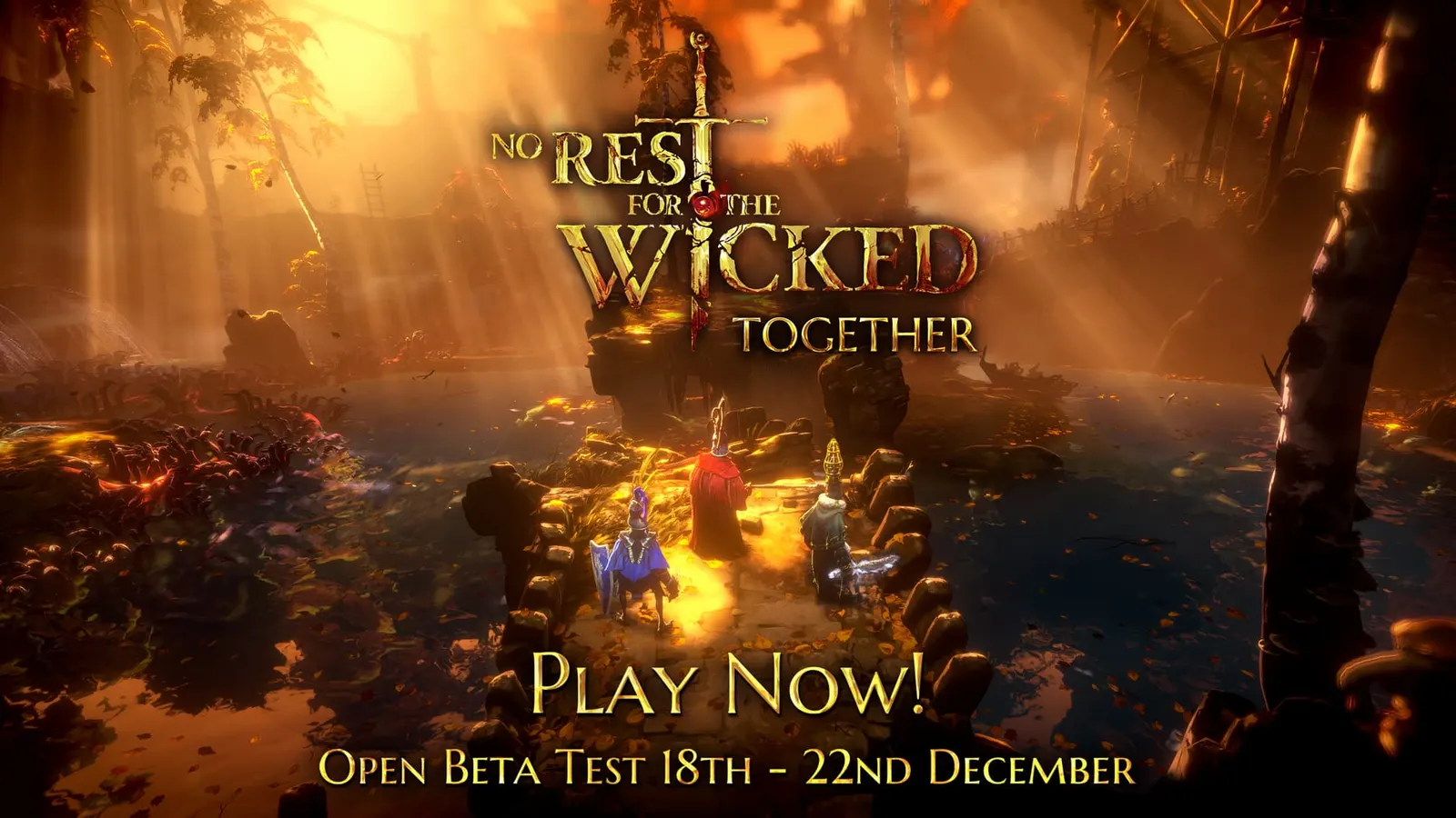 Official Open Beta announcement graphic showing a party beneath the Together logo and test dates