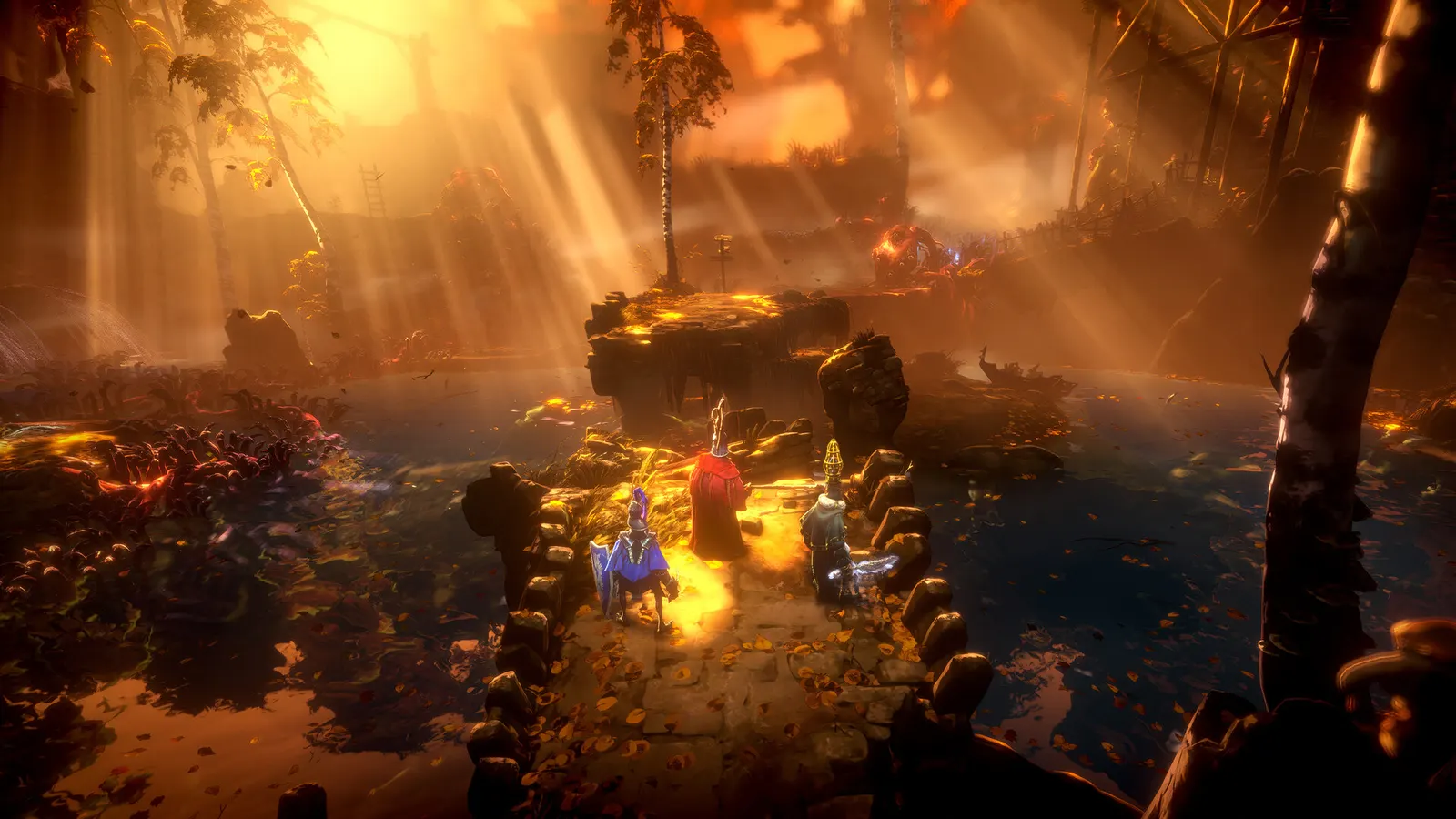 Official screenshot showing a party crossing fire-lit ruins
